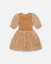 Puff Sleeve Bi-Material Velour And Lace Dress Light Caramel