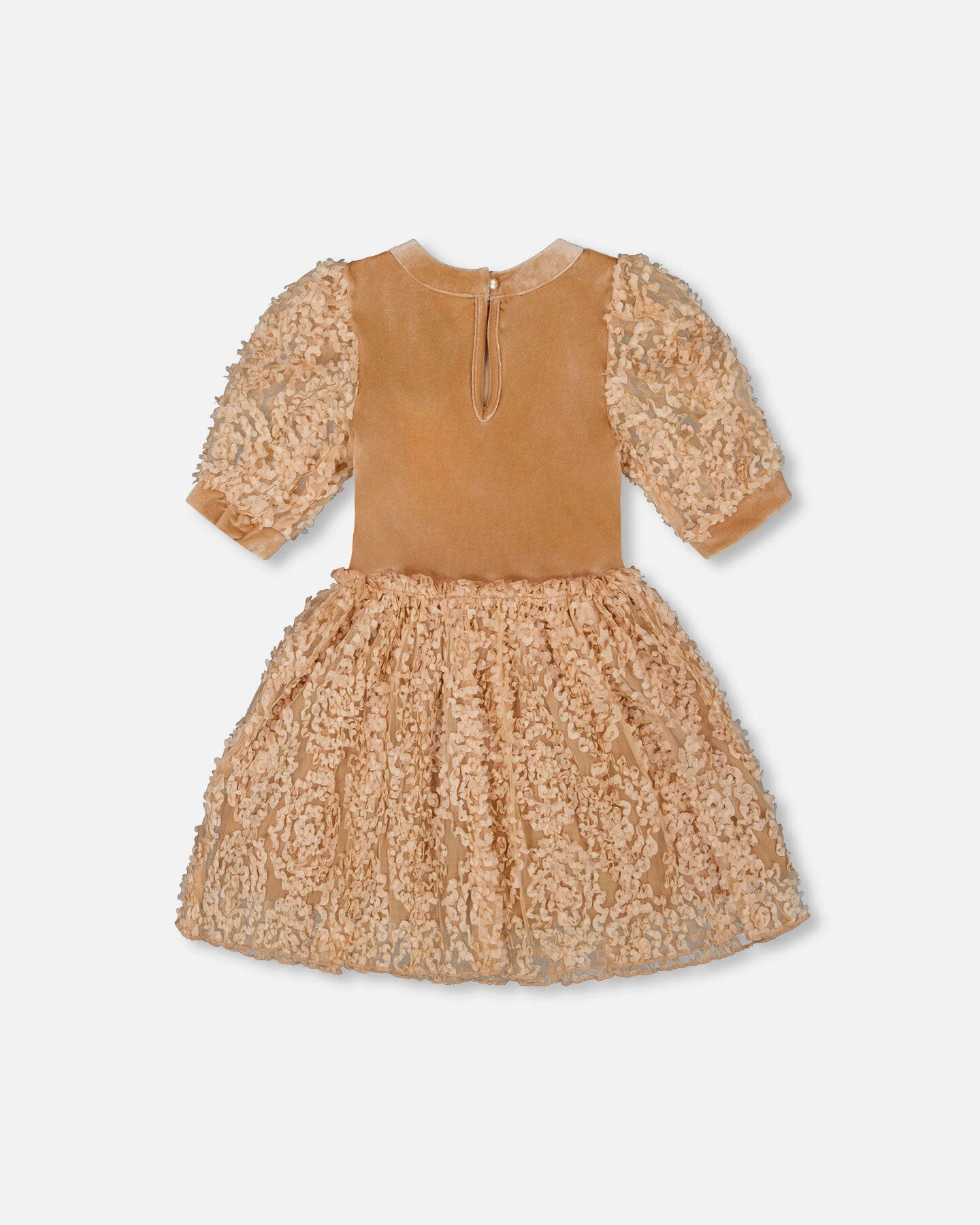Puff Sleeve Bi-Material Velour And Lace Dress Light Caramel - H20Q89_116