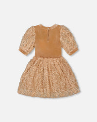 Puff Sleeve Bi-Material Velour And Lace Dress Light Caramel - H20Q89_116