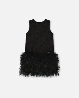 Sleeveless Bi-Material Lurex Dress With Feathers Black - H20Q93_999