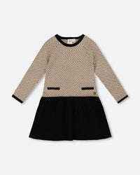 Long Sleeve Knit Sweater Dress Black And Beige - H20QT95_999