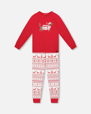 Organic Cotton Two-Piece Pajamas Red And White Fairisle - H20R10_089
