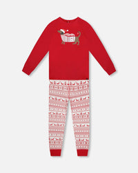 Adult Men Organic Cotton Two-Piece Pajama Set Red And White Fairisle - H20R13_089