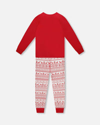 Adult Men Organic Cotton Two-Piece Pajama Set Red And White Fairisle - H20R13_089