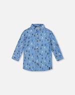 Printed Long Sleeve Button Front Chambray Shirt Blue - H20T15_000