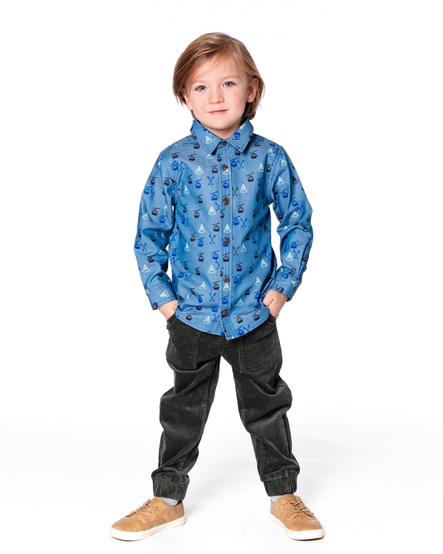 Printed Long Sleeve Button Front Chambray Shirt Blue - H20T15_000