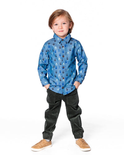 Printed Long Sleeve Button Front Chambray Shirt Blue - H20T15_000