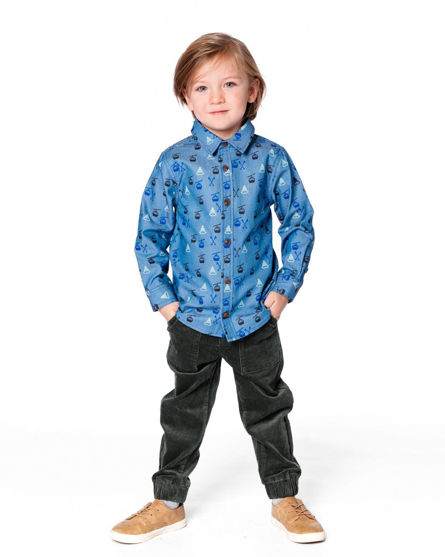 Printed Long Sleeve Button Front Chambray Shirt Blue - H20T15_000