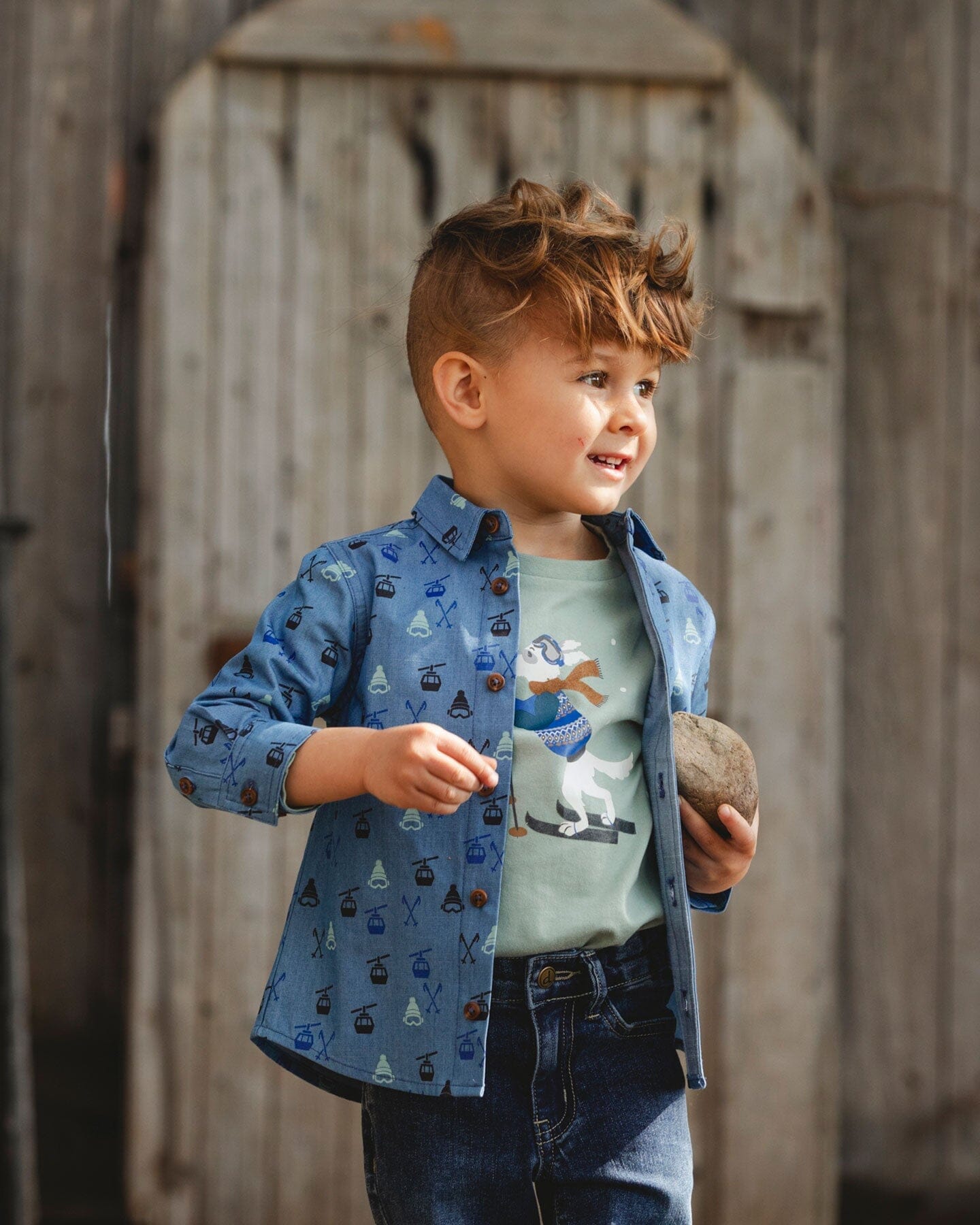 Printed Long Sleeve Button Front Chambray Shirt Blue - H20T15_000