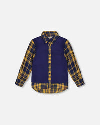Long Sleeve Plaid Flannel Shirt With Solid Vest Blue And Ocher - H20U15_000