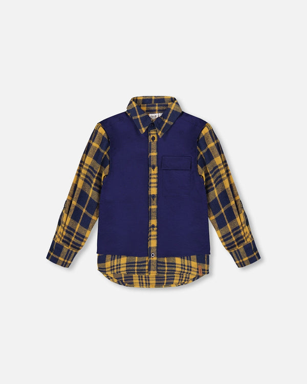 Long Sleeve Plaid Flannel Shirt With Solid Vest Blue And Ocher - H20U15_000