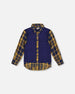 Long Sleeve Plaid Flannel Shirt With Solid Vest Blue And Ocher - H20U15_000
