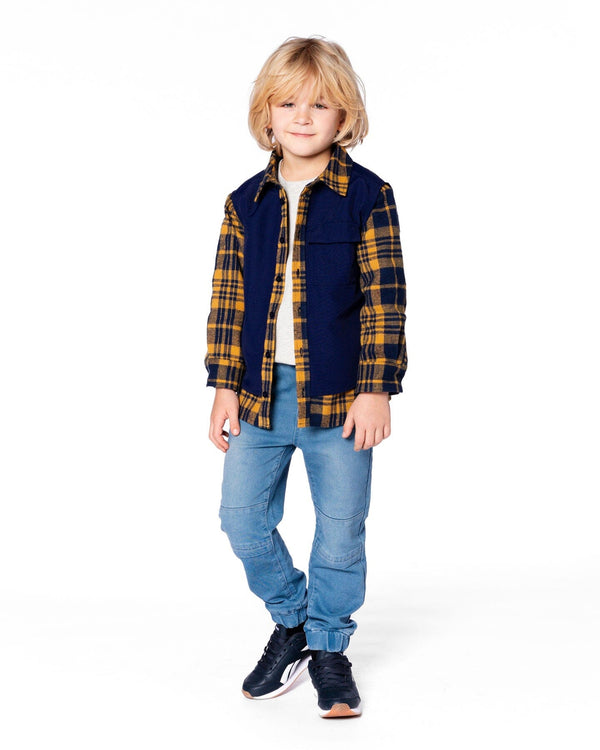 Long Sleeve Plaid Flannel Shirt With Solid Vest Blue And Ocher - H20U15_000