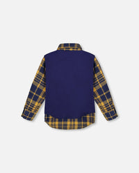 Long Sleeve Plaid Flannel Shirt With Solid Vest Blue And Ocher - H20U15_000