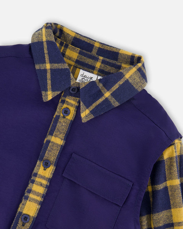 Long Sleeve Plaid Flannel Shirt With Solid Vest Blue And Ocher - H20U15_000