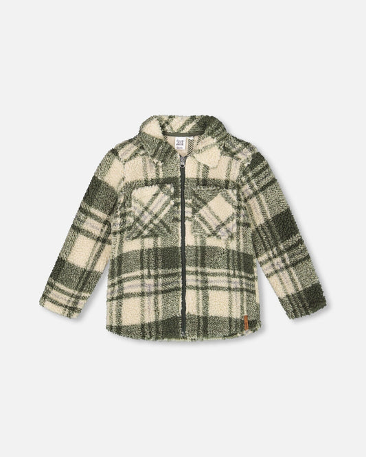 Sherpa Long Sleeve Zip Front Overshirt Sage And Beige Plaid - H20U17_087