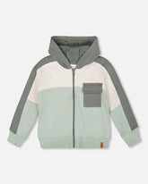Full Zip Fleece Color Block Sweatshirt Green Gray