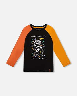 Black Long Sleeve Raglan T-Shirt With Glow-In-The-Dark Dinosaur Print - H20U70_999