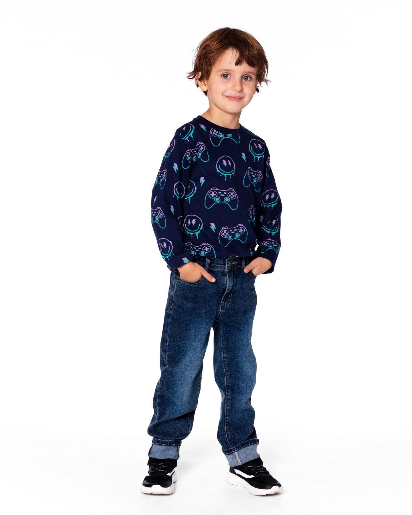 Long Sleeve Organic Cotton Allover Print Tee Navy Blue - H20U71_481