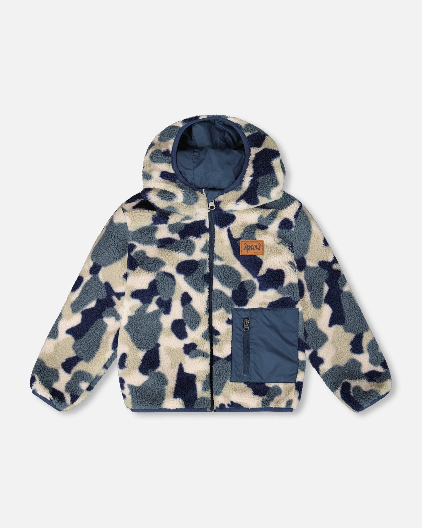 Deux Par Deux Sherpa Hooded Jacket Rustic Blue And Sand