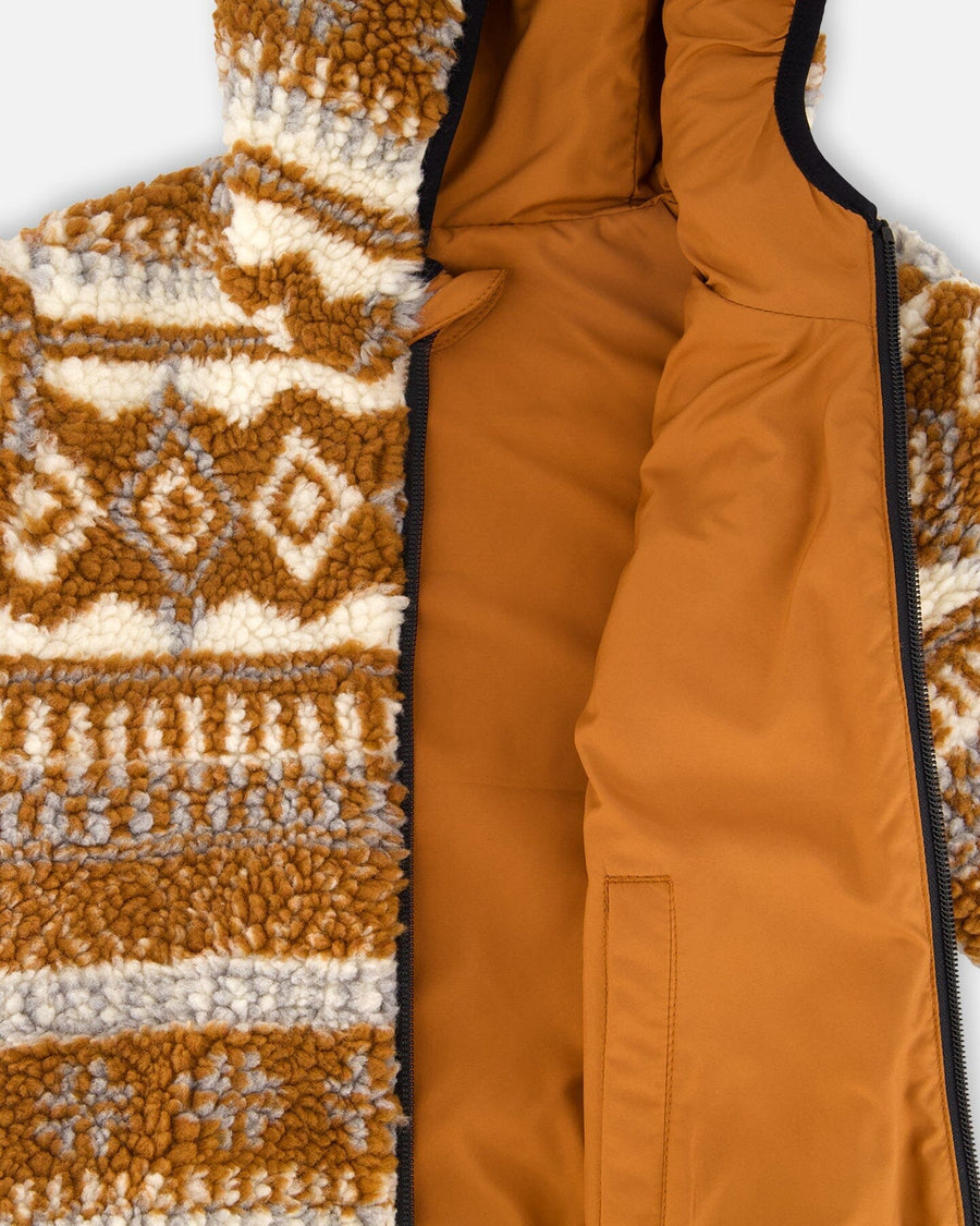 Reversible Mid-Season Sherpa Jacket Brown Aztec Pattern - H20W65_948