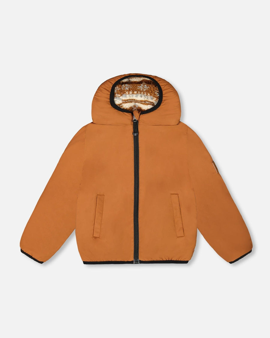 Reversible Mid-Season Sherpa Jacket Brown Aztec Pattern - H20W65_948