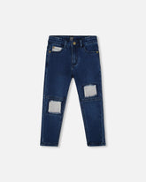 French Terry Blue Denim Pants With Contrasting Patch