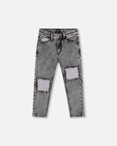 French Terry Black Denim Pants With Contrasting Patch