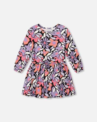 Jersey Dress Black Retro Flower Print - H20Z86_013