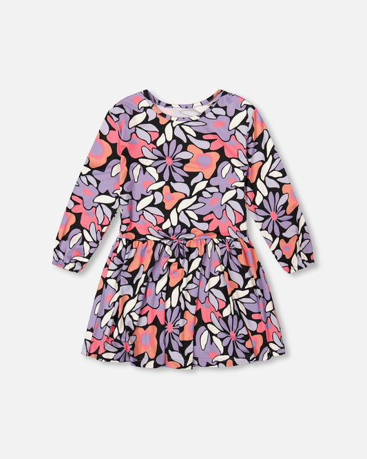 Jersey Dress Black Retro Flower Print - H20Z86_013