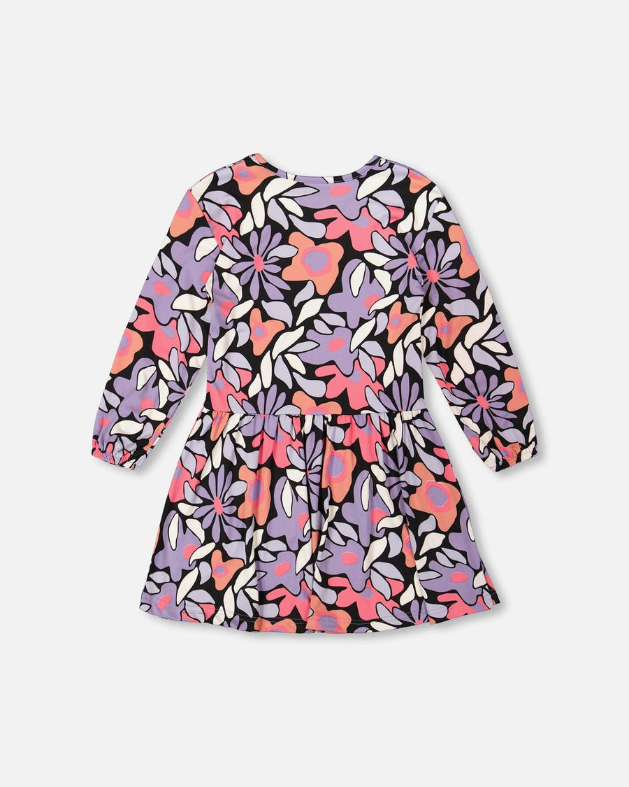 Jersey Dress Black Retro Flower Print - H20Z86_013