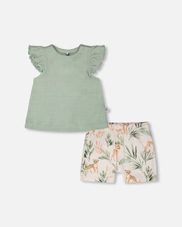 Pointelle Top And Organic Cotton Jersey Short Set Green And Peach Deer Print - H30A12_03009