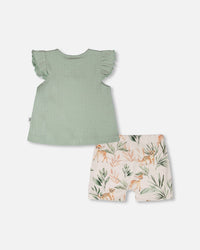 Pointelle Top And Organic Cotton Jersey Short Set Green And Peach Deer Print - H30A12_03009