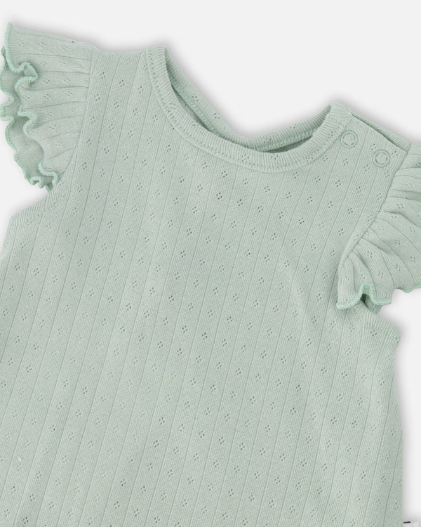 Pointelle Top And Organic Cotton Jersey Short Set Green And Peach Deer Print - H30A12_03009