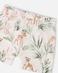 Pointelle Top And Organic Cotton Jersey Short Set Green And Peach Deer Print - H30A12_03009
