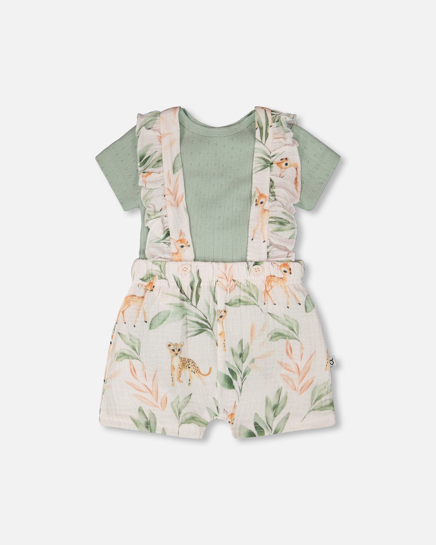 Pointelle Onesie And Cotton Muslin Shortall Set Green And Peach Deer Print - H30A13_03009
