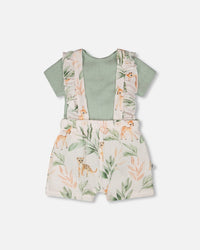Pointelle Onesie And Cotton Muslin Shortall Set Green And Peach Deer Print - H30A13_03009