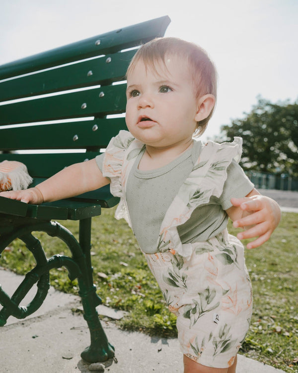 Pointelle Onesie And Cotton Muslin Shortall Set Green And Peach Deer Print - H30A13_03009