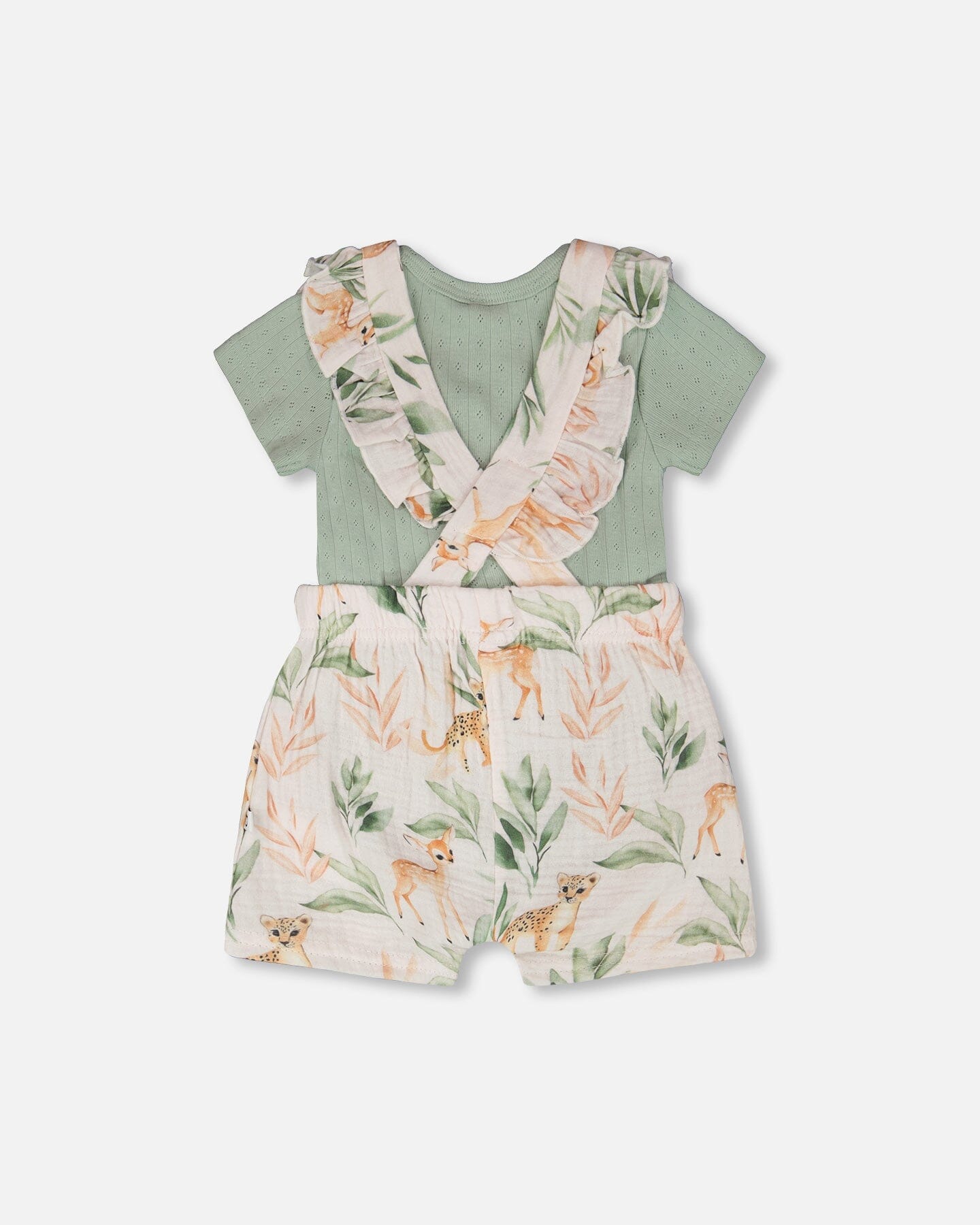 Pointelle Onesie And Cotton Muslin Shortall Set Green And Peach Deer Print - H30A13_03009