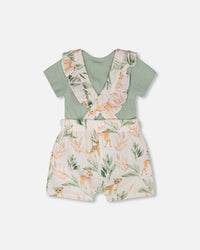 Pointelle Onesie And Cotton Muslin Shortall Set Green And Peach Deer Print - H30A13_03009