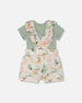 Pointelle Onesie And Cotton Muslin Shortall Set Green And Peach Deer Print - H30A13_03009