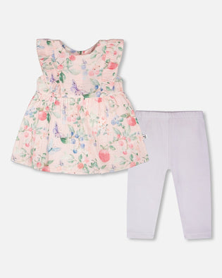Cotton Muslin Tunic And Rib Jersey Leggings Set Pink Printed Berries And Lilac - H30B11_3H059