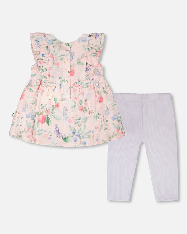 Cotton Muslin Tunic And Rib Jersey Leggings Set Pink Printed Berries And Lilac - H30B11_3H059
