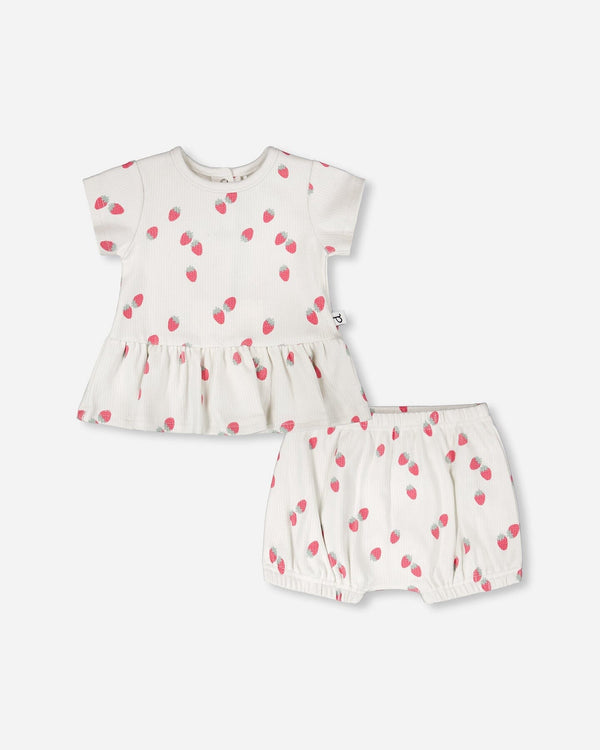 Cotton Rib Jersey Top And Short Set White Printed Strawberries - H30B13_3H058