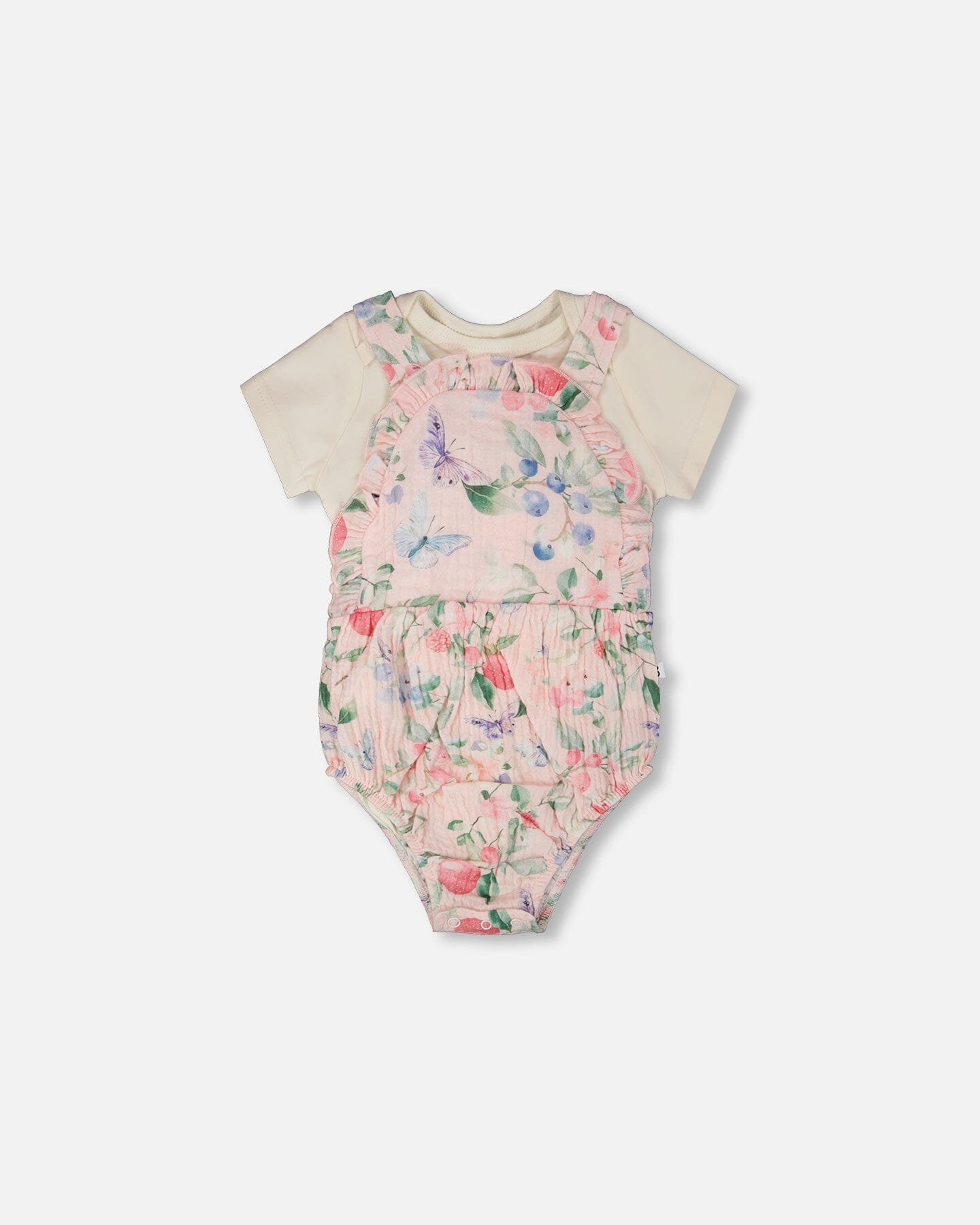 Organic Cotton Jersey Onesie And Muslin Overall Set White And Pink Printed Berries - H30B14_3H059