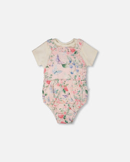 Organic Cotton Jersey Onesie And Muslin Overall Set White And Pink Printed Berries - H30B14_3H059
