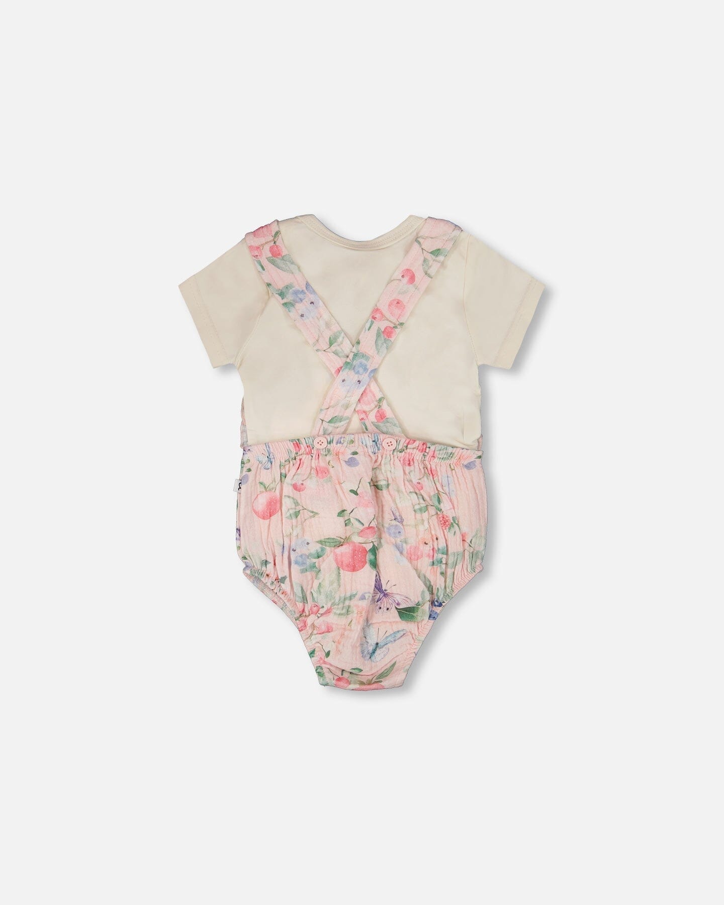 Organic Cotton Jersey Onesie And Muslin Overall Set White And Pink Printed Berries - H30B14_3H059