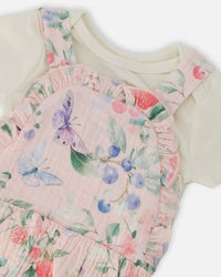 Organic Cotton Jersey Onesie And Muslin Overall Set White And Pink Printed Berries - H30B14_3H059