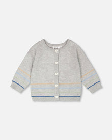 Cotton Knit Striped Button Front Cardigan Light Heather Grey - H30BT31_01910
