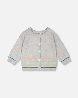 Cotton Knit Striped Button Front Cardigan Light Heather Grey - H30BT31_01910